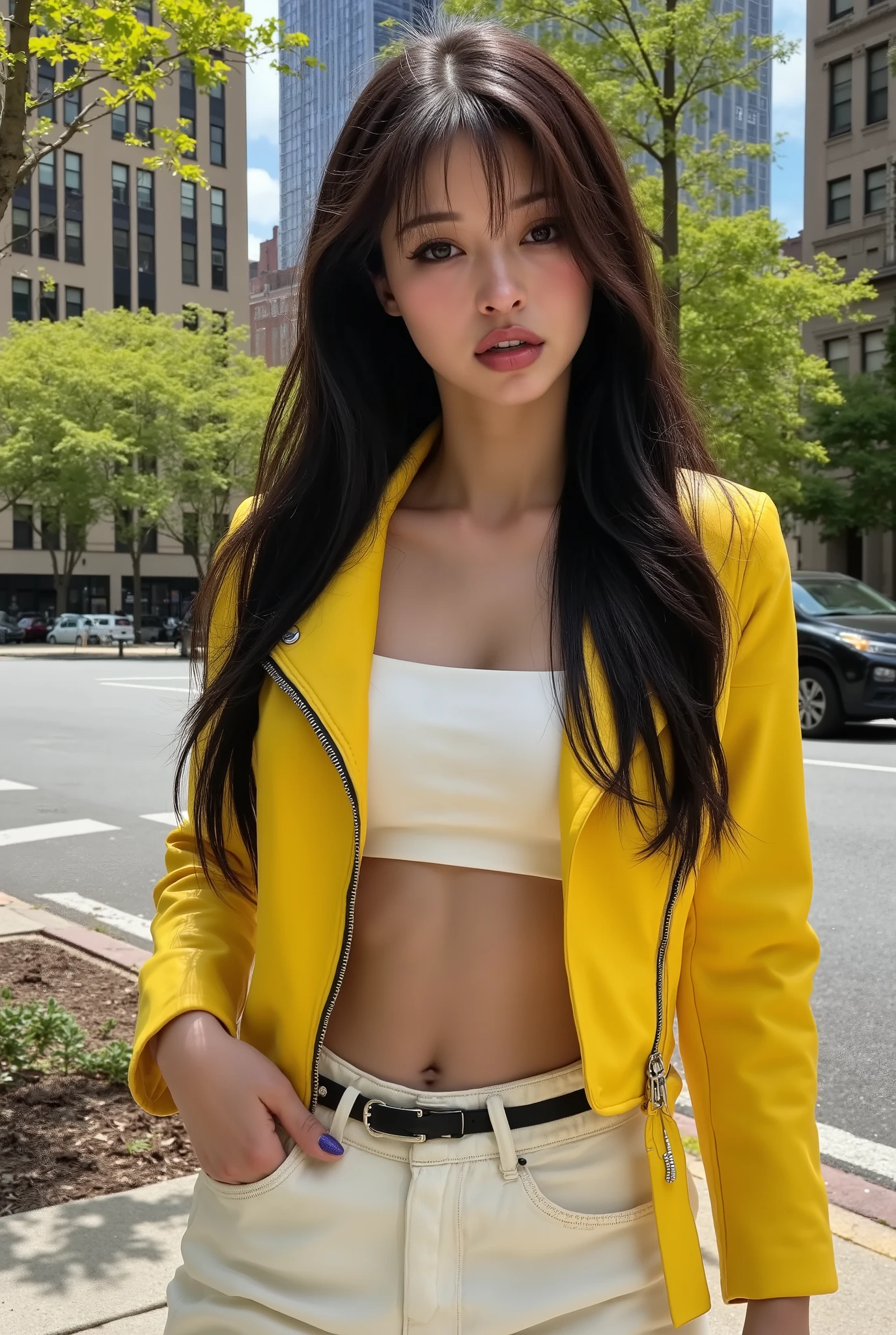 Foto hiperrealista en primer plano de woman, masterpiece, best quality, (photorealistic:1.4), (leather yellow cropped biker JACKET over white tank top:1.1), (leather jeans:1.2) heels, in the New York Central Park, sunny day, cinematic light, beautiful woman, skinny, dark hair, detailed face, facing the camera, photo taken from a distance,
