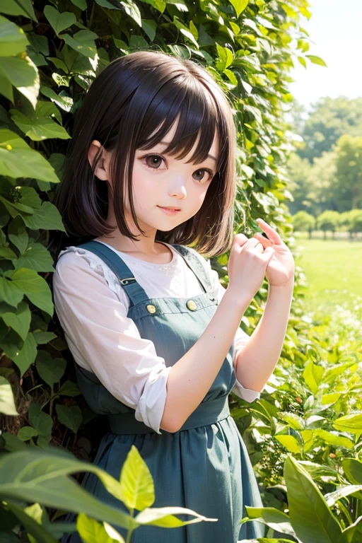 -year whitirl with blue eyes, straight black hair, wearing a green dress