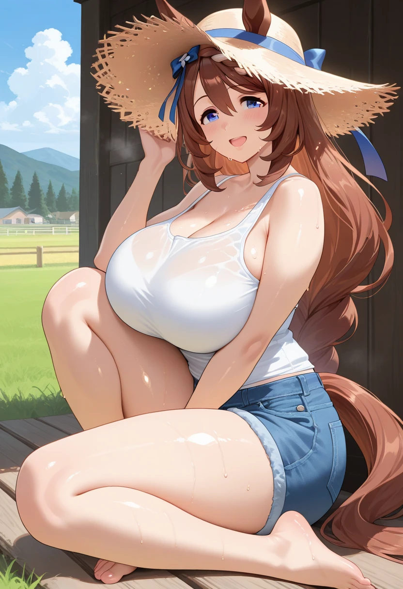 Score_9, score_8_up, score_7_up, score_6_up, score_5_up, score_4_up, source_anime, umamusume, detailed eye, BREAK Super Creek, sleeveless, umamusume costume, longhair, sagging gigantic huge biggest breasts, huge dark areolae, areola slip, dark nipple, hairy stomach hair, hairy armpit hair, midriff-baring, sweating, heart mark words, in field, wide hip, cum shot, blushing, ahegao, horse penis, having sex, raping, side view, doggy sex
