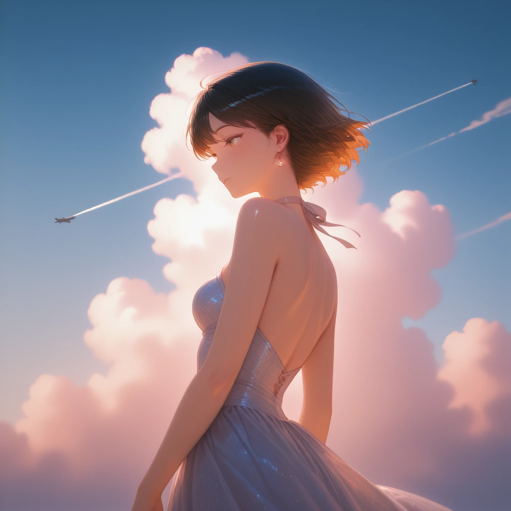movie still, cloud girl, floating in the sky, (close-up:1.1), bright, happy, fun, soft lighting