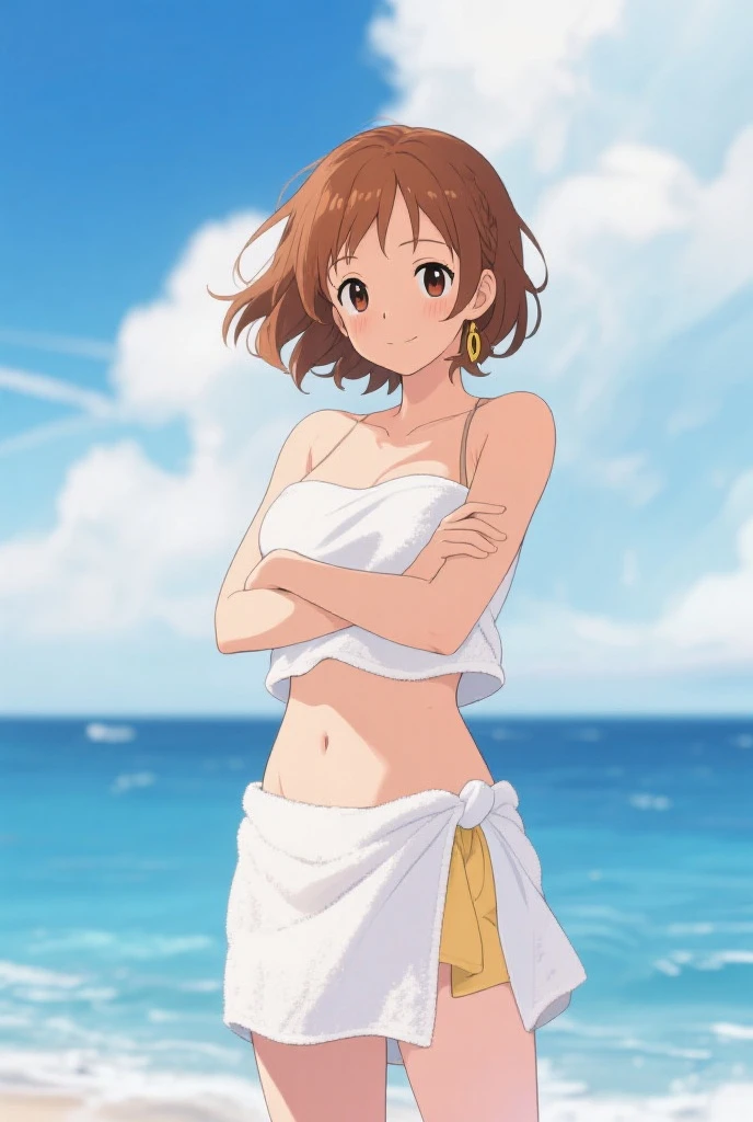 Irohaisshiki, isshiki iroha, short hair, Brown Hair, (Brown eyes:1.5),Open your mouth,clavicle,smile,Straw hat,Bikini Swimwear,barefoot,A long, thin skirt wrapped around the waist,belly button,abdomen, Dancer, gold belly Dancer,whole bodyがイラストに入るように,Strolling on the sandy beach,
break outdoors, Beach,
break looking at viewer, whole body,
break (masterpiece:1.2), Highest quality, High resolution, unity 8k wallpaper,, (shape:0.8), (Beautiful attention to detail:1.6), Highly detailed face, Perfect lighting, Highly detailed CG, (Perfect hands, Perfect Anatomy),