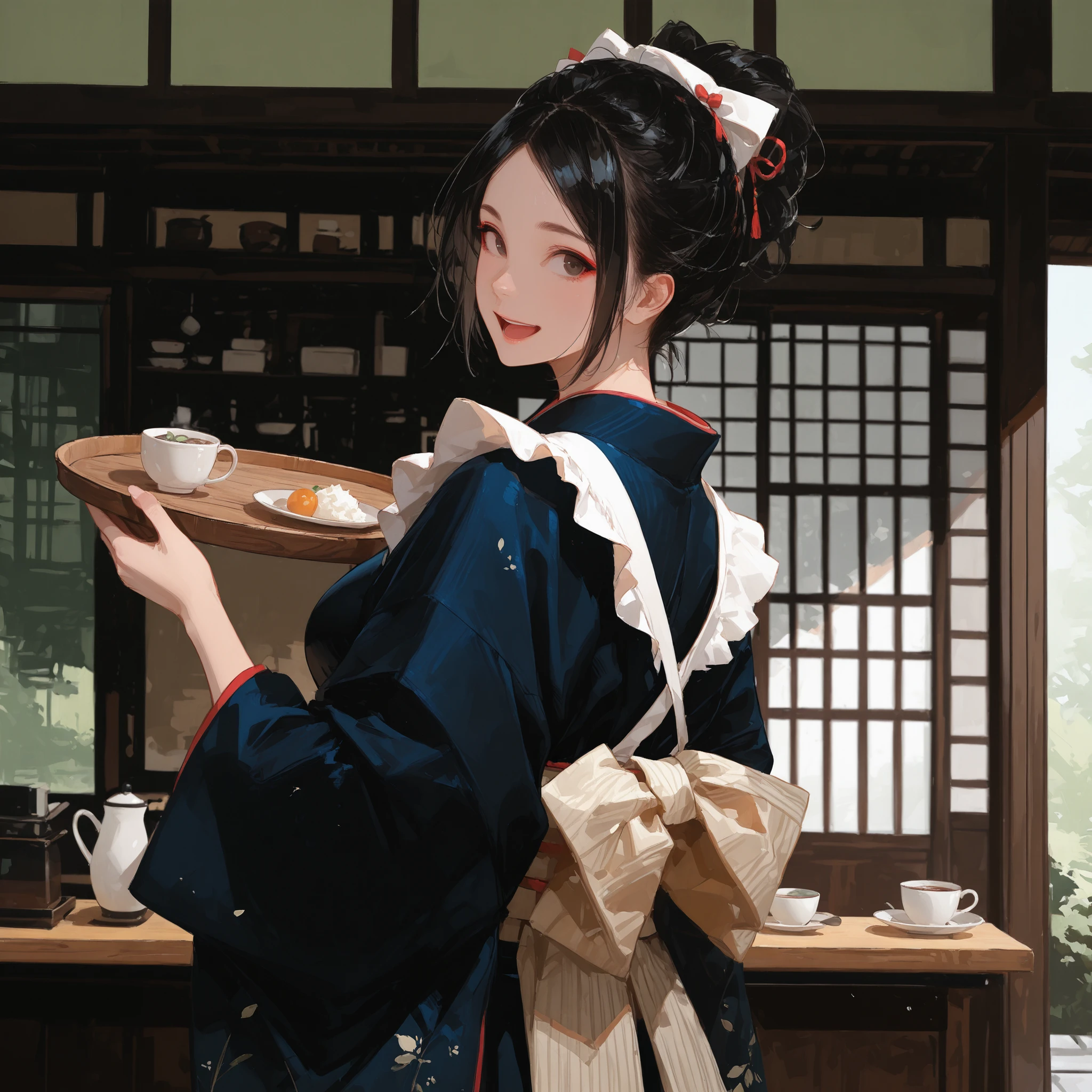 medium shot, looking back, Perfect female body, woman, 20 years old, detailed black hair, glossy hair, Beautiful face, hair up, kimono maid, holding a wooden tray, happy, large breasts, japanese cafe,