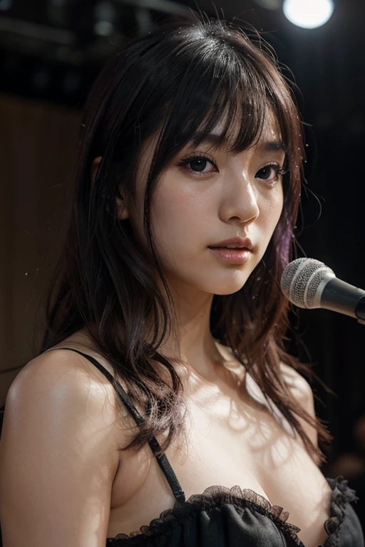 high-quality digital art, Rock concert, Young woman, black-amber hair color, healthy slim and fit body, Brown eyes, eyelashes, Dark rocker clothes, rock guitar