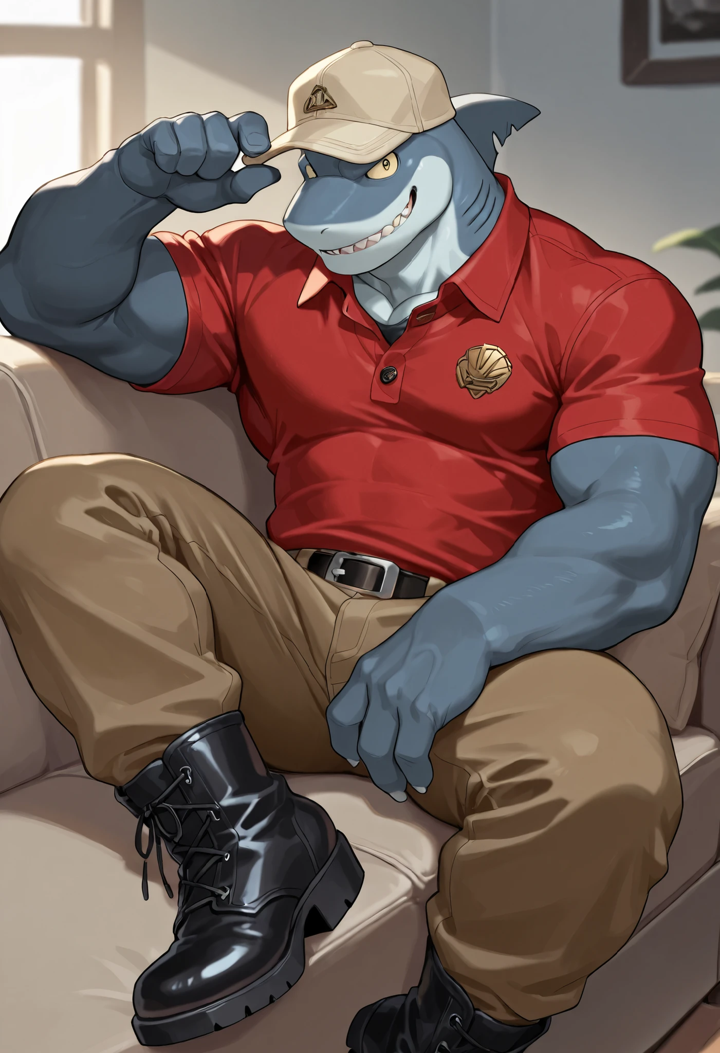 Solo, Grey-bodied shark# Male# furry# smile# slim body# casting# black work boots# wearing a red collared polo shirt# Wear a beige baseball hat#, short brown pants, looking at viewer, sitting on couch, close-up
