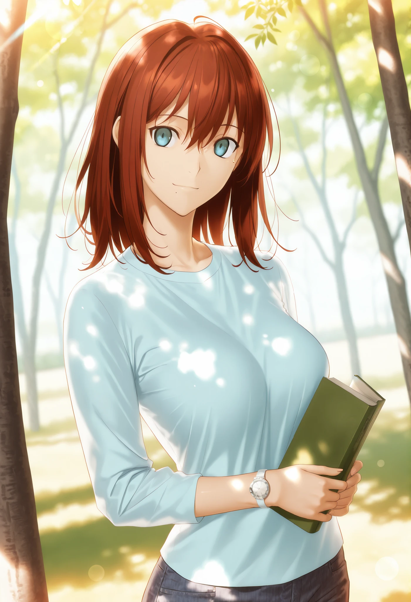 masterpiece, , absurdres, highres, detailed background, high resolution, masterpiece, necessary, detail, best quality, quality, necessary, details, High details, Precise, outdoors, (dappled sunlight), day, lens flare, blurry background, from above, solo, ,
1girl, , (type-moon,) style, koyama hirokazu style, ,, shiny skin, mole under mouth, , (head tilt), light smile, wrist watch, holding book,
tall girl, mature, slim body, slender body, brown red hair, medium hair, light blue eyes, , ,medium breasts, hair between eyes, ((overshirt)) ,white, long sleeve, denim, looking at viewer,, (aged up:1.5), ,