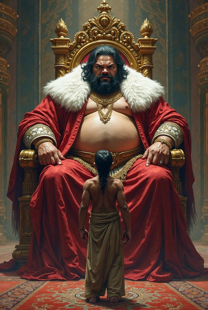 satan on his throne ruling, skin red, Open legs, hair from navel to groin, Swim trunks with bulge, Chubby, Hairy, Bearded, high resolution, ultra-detailed , sharp focus, intricate details, His right leg is casually resting on the armrest of the throne, showing a relaxed yet commanding posture. His left hand is clenched into a fist, supporting his head as he leans slightly to the side. The king’s expression is thoughtful and intense, with a sense of authority and contemplation. The throne is ornately decorated, and the background is a dimly lit, grand hall with banners and torches, emphasizing his