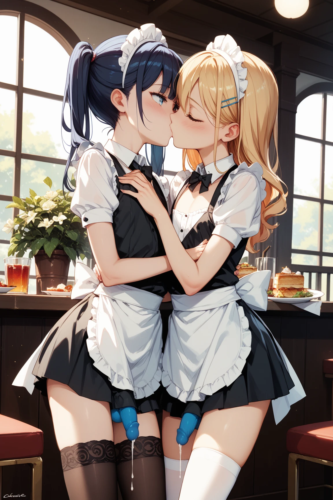 ((best quality)), ((chef-d'artwork)), (detailed), visage parfait
((2 filles japonaises)), DEUX filles différentes, kissing lesbian, yuri kiss, tongue, NSFW, lingerie, hentai style,