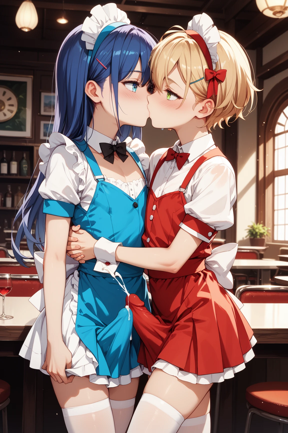 score_9, score_8_up, score_7_up, source_アニメ, highest quality, masterpiece, 1girl and 1boy, (1boy femnin, otokonoko, femboy, long hair), futa is male, futa is bigger, femdom, forced, uncensored, Crossdresser gives blowjob to futanari girl's penis