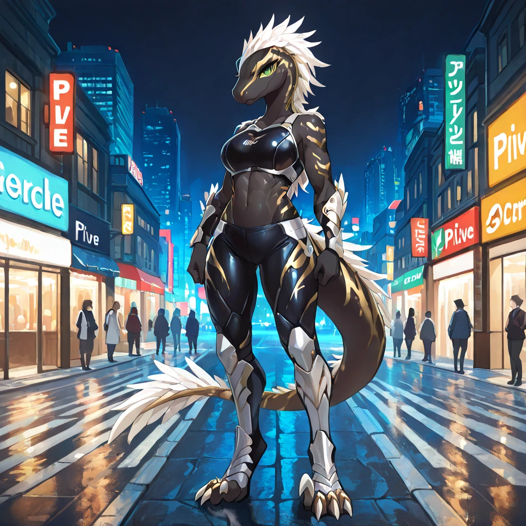 masterpiece, best quality, anime style, anime shading, full body picture, athletic body type, centered, three-quarters view, by plive, 1girl, anthro raptor, (sickle claws), female raptor, feathered dinosaur, dark gold scales, white feathers, green eyes, perfect eyes, white metallic claws, tiger stripes, wearing dark body armor, standing in a city street, at night, bare shoulders,