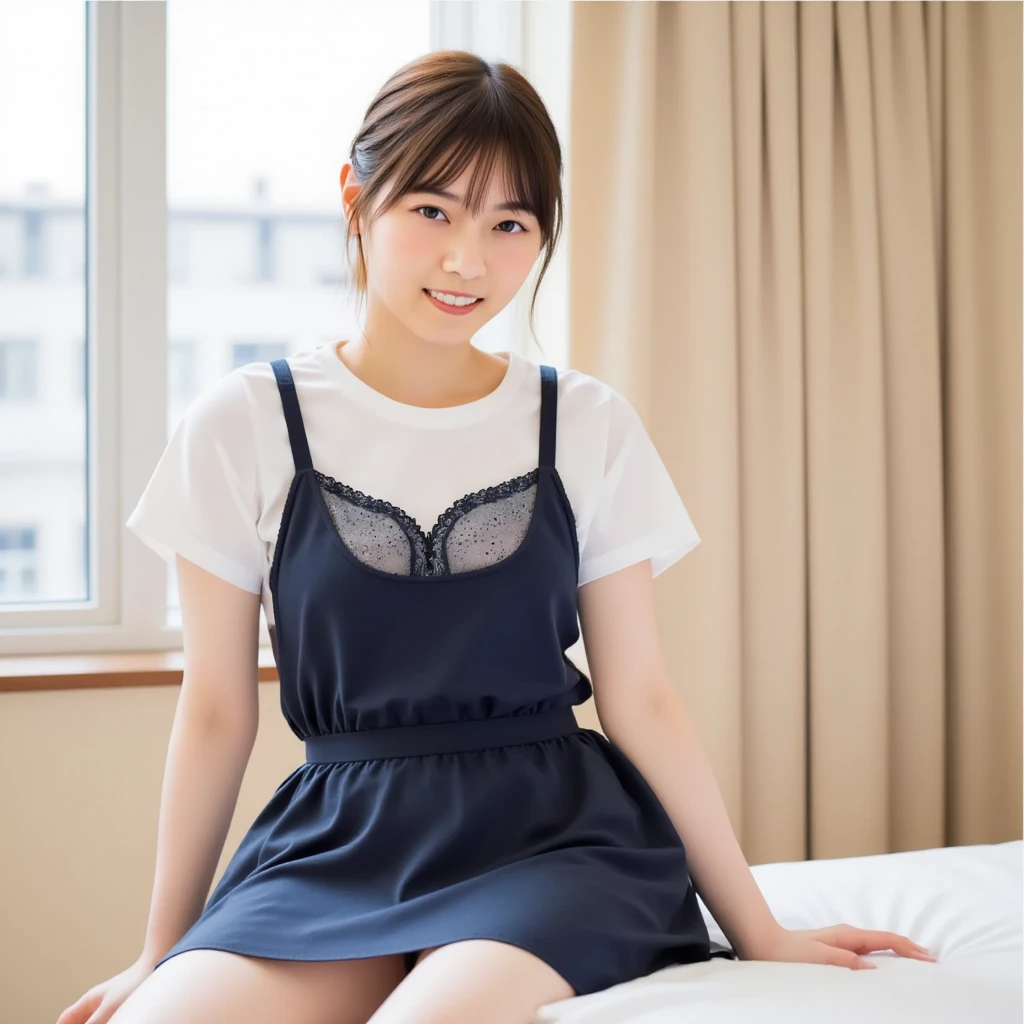 Little girl on top,Looking down,from below,sitting on the classroom desk,did not wear panties,Crotch view,Mocking expressions,Smiling,Lightweight slip dress,Eating candy