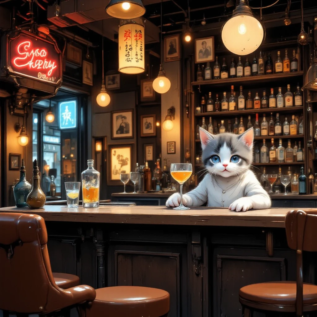  hideout, bar,vintage,cat bartender,1boy is Rei