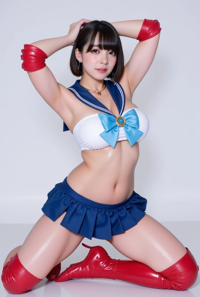 masterpiece, best quality, highres, mer1, tiara,japaniese idol, (sailor senshi uniform:1.1), (torn clothes:1.2),blue sailor collar, bow, knee boots, choker, white gloves, blue choker, elbow gloves, jewelry, earrings, blue skirt, (underboob:1.3), large breasts, navel, cowboy shot, embarrassed, crotchless thong, crotchless panties, (upskirt, from below:1.3), cameltoe, erotic, surrounded by machinery and big screens, technological background,(arms behind head:1.3),(naturaly tits stand:1.2),full-face blush,(frown:1.3),anger,