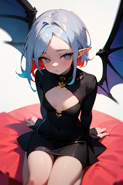 ((masterpiece, best quality)), 1girl, (mature female:1.4), 130mm f1.4 lens, 1girl, solo, pointy ears, heart-shaped pupils, microdress, from above, demon girl, flat chest, demon wings, saturated, colorful, multicolored hair, silver hair, bleu hair, multicolored eyes
