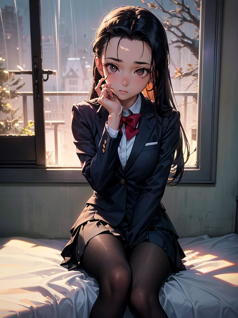 Top Quality, Masterpiece, 1 Girl, Beautiful Face, (Photorealistic Picture:1.3), Rim Lighting, (High Detail Skin:1.2), 8K UHD, DSLR, High Quality, High Resolution, 4K, 8K, Bokeh, Absurdity, Best Ratio Four Fingers and One Thumb, (Real:1.3), Small Face, Cute One Girl, Black Formal Blazer, Middle Breast, Short Skirt,Office