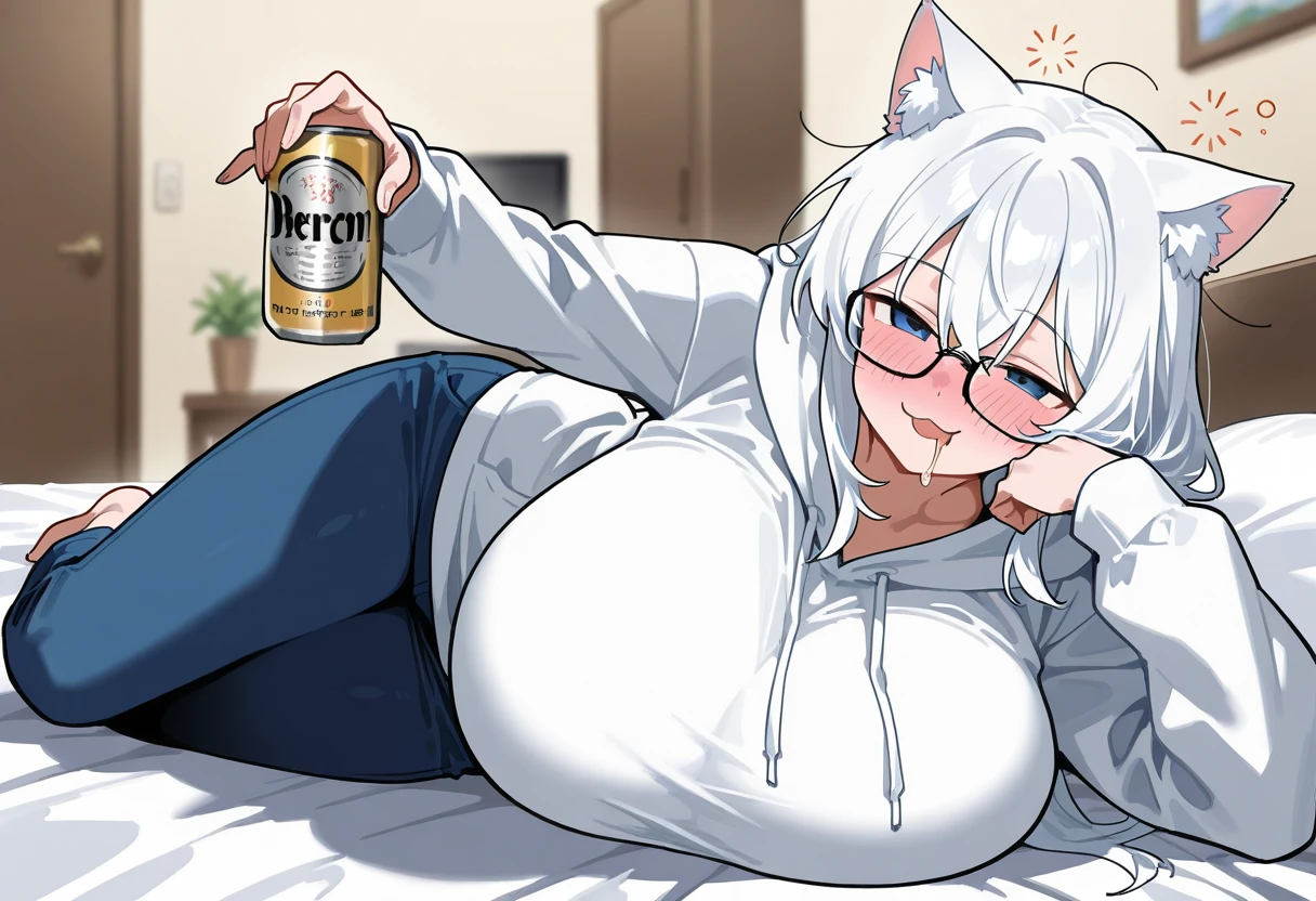 Milf with dark skin,white  hair,Cat's ears, wearing a sweaty white shirt with nipple marks on his chest,short curto legging, drinking a beer 