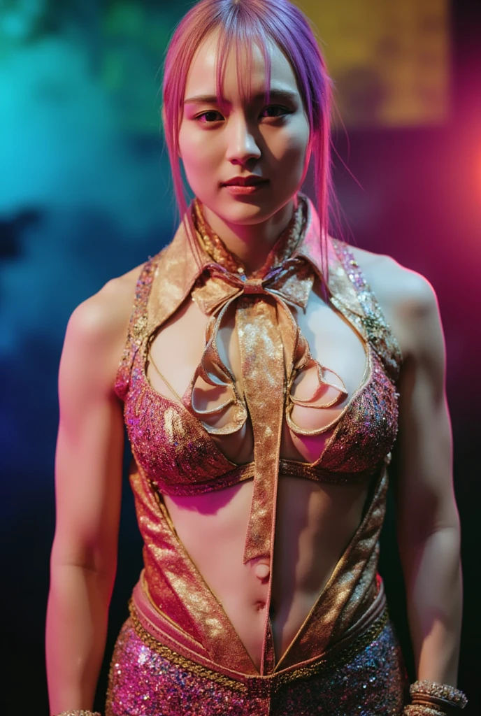 (Highest quality, High resolution, Realistic,8k,masterpiece,RAW Photos),One 20-year-old,(Black choker)Japanese dancer with short blonde hair,On stage,dancing,Fancy costumes,Flashy lighting