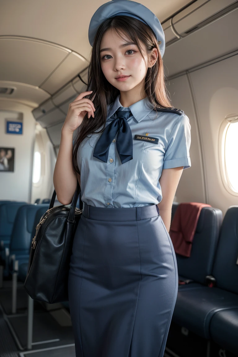 (8K, best quality, masterpiece:1.2), (realistic, photo-realistic:1.37), (high color saturation:1.0), (highly detailed skin), (highest quality:1.0), (ultra high resolution:1.0) ,(realistic:1.0), (Super detailed:1.0), (8K, Raw photo:1.1)、standing random pose, smiling, natural breast, perfect lighting, 3girls, 24years old, (mysterious), clear and detailed, ((ANA_Cabin Crew, blue flight attendant_uniform)), black pantyhose, (aircraft, aircraft seats), cute face, mini skirt, no_panties, beautiful_pussy, nsfw, ((skirt lift)), nude,