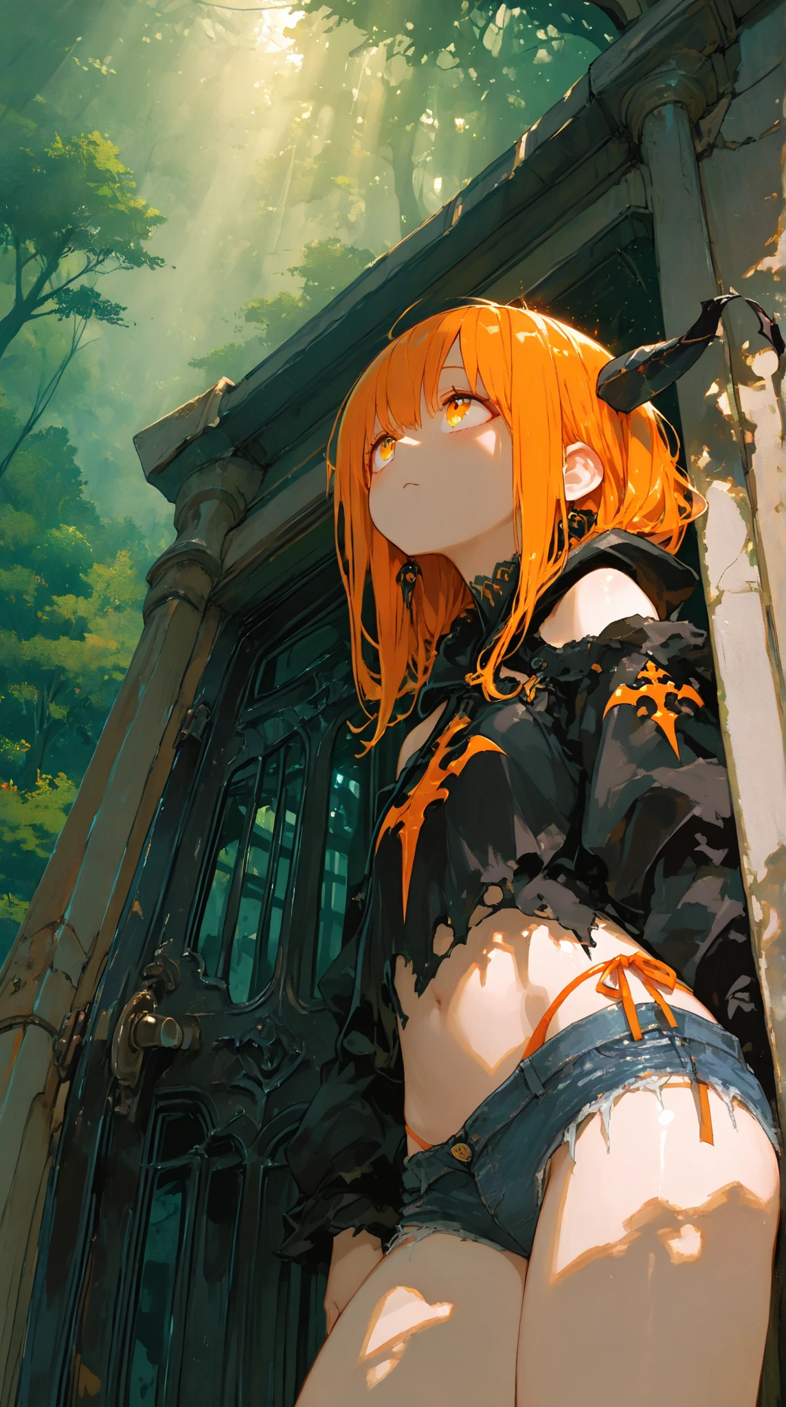 ((Biologically correct limb count))、(( From head to toe、Full-body photo including face))、4K、((Standing position))、masterpiece、((Focus on the face))、((Symmetrical facial features))、Eyes with detailed description、Beautiful woman、Great style、Beautiful arms、Beautiful legs、Beautiful Hands、(Small Ass、Thin thighs）、Facial detailing、Small earrings、necklace、(beret、Red and black leather gothic dress、((High heels、Patterned stockings))）、((Standing in front of an old castle in the daytime sun, looking up))、Close-up photo of the upper body、Silk gloves、(((Orange silver hair)))、(Thick fog)