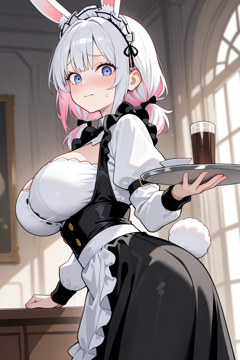 masterpiece, best quality, very aesthetic, absurdres, 1girl, w\(arknights), arknights, solo, looking at viewer, upper body, short hair, bangs, eyebrows, horns, large breasts, cleavage, maid, leaning foward, holding tray, detached collar, smirk, cafe