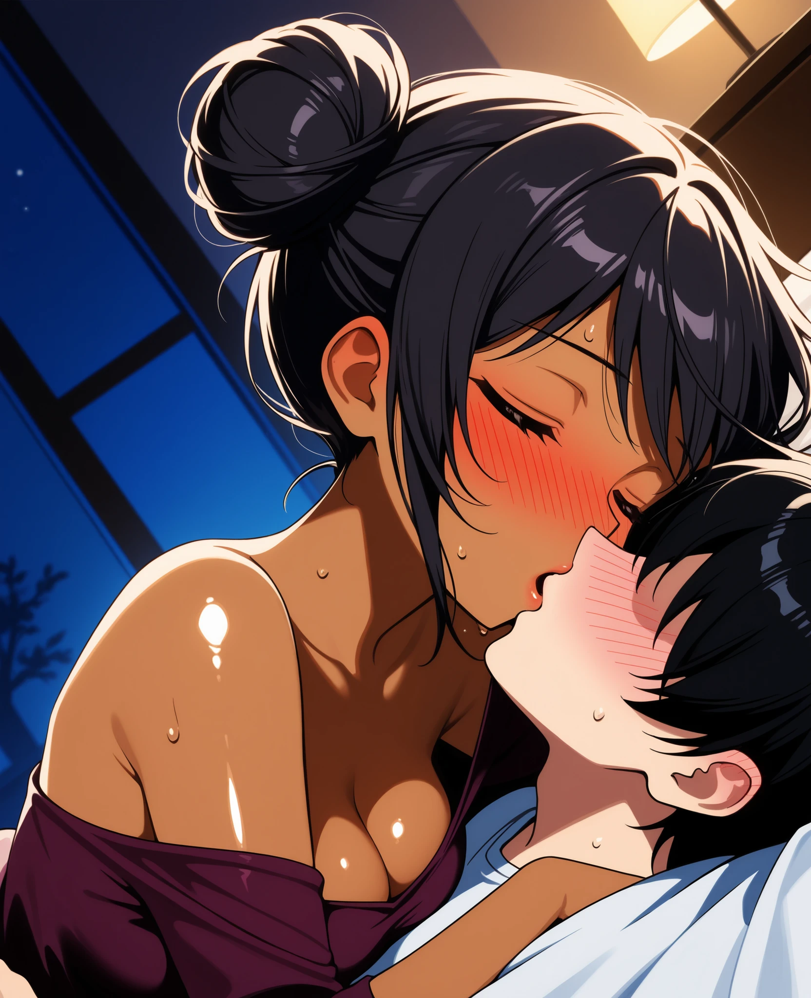 shinkai makoto, kimi no na wa., 1girl, 1boy, bangs, black hair, blush, (boy nude with hard penis), ((girl nude showing small breast), bow, ribbon, short hair, cute, love, couple, adorable, Off-the-shoulders, dating, (((kiss, deep kiss, tongue, saliva))), closed eyes, bracelet, passionate hug, lying in bed, showing pussy, full body, cowboy shot, having sex togethere, hard penis, showing breast, woman on the top, looking at viewer, arm up, perfect anatomy, insert penis to vagina from behind, standing in the room, doggy style
