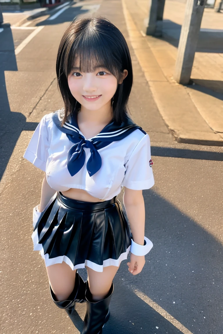 Neat and clean high school girl、(school uniform、Sailor suit、Ribbon tied on chest、Summer clothes、The upper body is white、The skirt is navy blue)、Outside the stadium、(slim)、Realistic、detailed, Skin Texture, 超detailed、Delicate and sexy collarbone、A sloppy smile、スーバーdetailedな顔、detailed唇、detailedな目、Small breasts、Small breasts、、Small breasts、Flat Chest、Accentuate your breasts、Bright Face、((Are standing、White panties are visible under her skirt、Lift the hem of your skirt slightly with both hands..,,))((Naked and wearing only a white apron、Naked sexy white apron))、Short hair with bangs、Straight Bob Hair、、Top view、