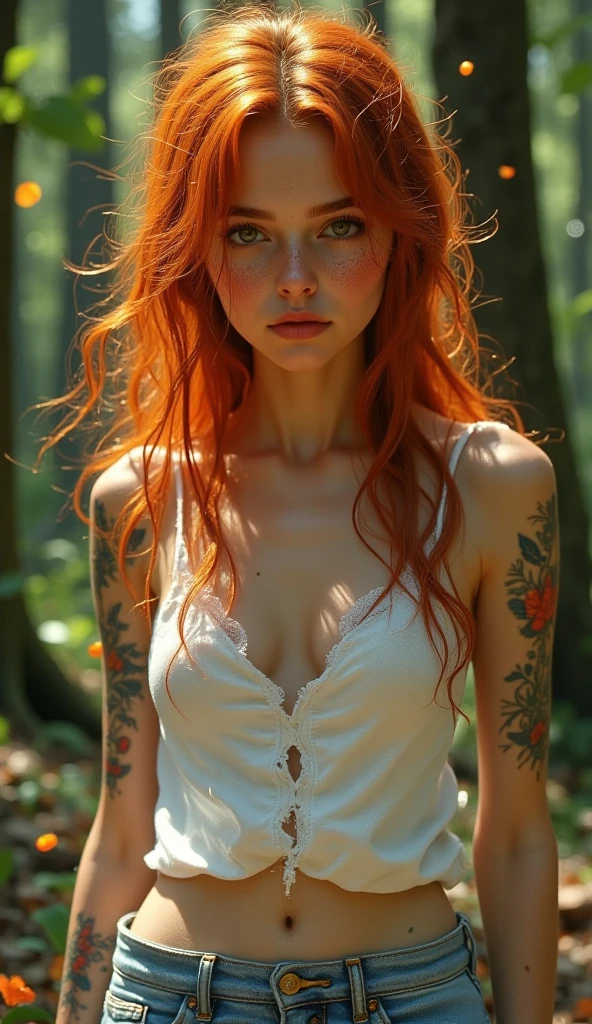 a beautiful nude redhead female, shaved pussy, 5ft tall, detailed facial features, piercing green eyes, long flowing hair, smooth skin, elegant pose, intricate tattoos, nature forest background, warm lighting, award-winning digital art, photorealistic, highly detailed, cinematic lighting, 8k
