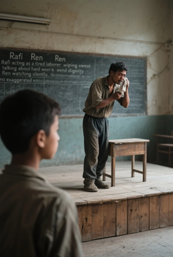 A 60 years Indian sir is punching a 13 years aged Indian boy with the stick in the class room. Boy is shirtless, had wounds on his body. 30 students are sitting on the floor and looking that incident.