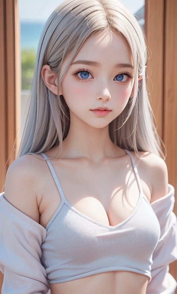 silver shiny hair、Super long straight silky hair、Dazzling blonde super long silky hair、16 years old cute little beautiful face、A beautiful girl、Sparkling blonde dancing in front of a pretty face、Long, silky bangs that cover the space between the eyes、Very beautiful, bright, large, light blue eyes、Very big eyes、Hair that hides the face、Sexy pretty young woman with super long bangs、Very white skin、Cheek gloss highlighter、Small Face Beauty、Round face、Cute Shirts、Ample Bust