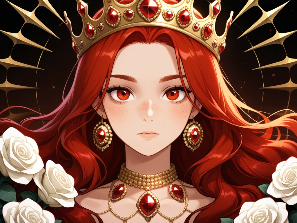 Queen girl with her hair removed, red hair, freckles, crown with jewels, focused gaze, white roses are swirling around her. super quality.