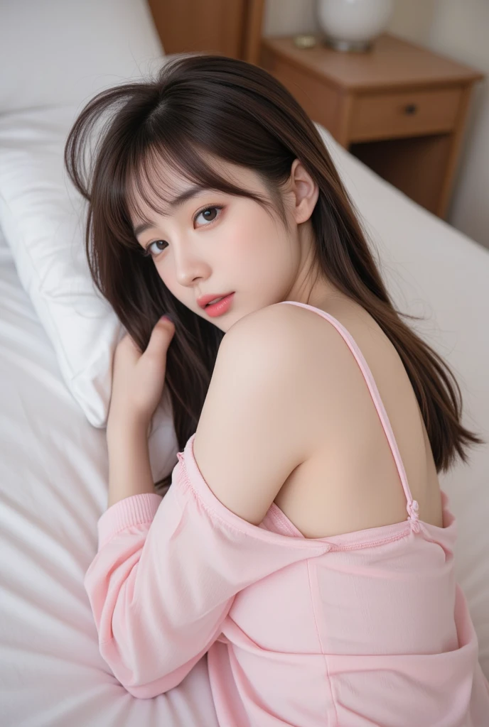 (1 woman、Japanese、30 years old、Refreshing、clear、seems kind、stylish、(narrow eyes)、Pitiful、cute like an angel、cute、black eyes、Idol,actress,),(very cute)、(chestnut hair:1.4),(curly hair:1.4),(medium hong hair),(enchanting eyes),(highlight on eyes:1.4)、(8K、Live shooting、highest quality、masterpiece:1.2、optimal lighting)、((masterpiece)),(Photo taken by a professional photographer),(real、photo real:1.4),{ (Pink theme:1.4),(nurse costume),(nurse)},(cleavage,) break, break,(Hospital,hospital room),(on the bed),(night),break,,break,(smile)( Shy),(face shot),(Lying on the bed, face facing the viewer:1.6)