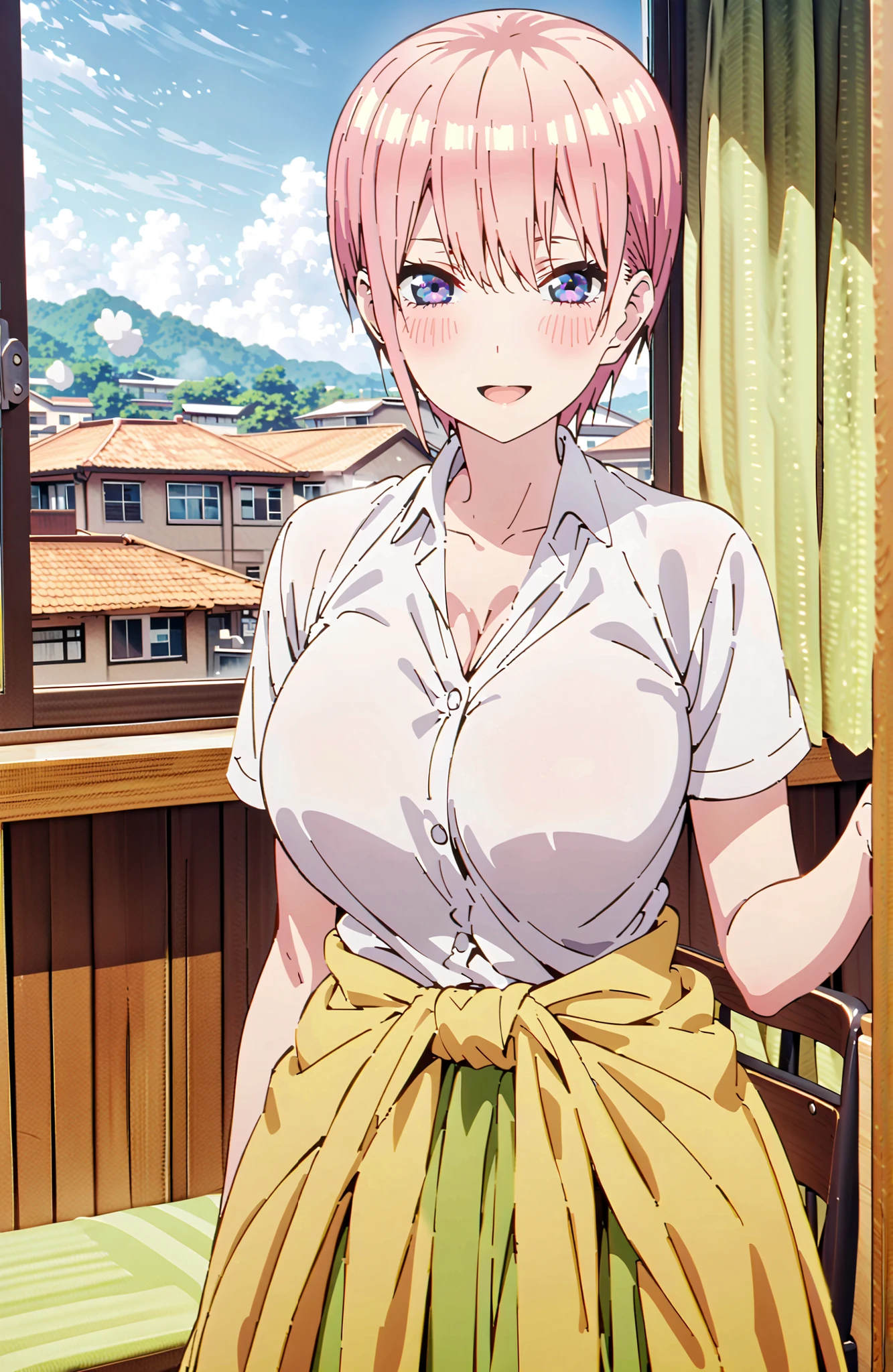 Nakano Ichika, short hair, solo,bungs, blue eyes, hair between eyes, pink hair,Big Breasts, cleavage,in their 40s skirt, shirt, uniform, white shirt, Short Sleeves, green mini pleated skirt, collared shirt, white socks, yellow clothes around the waist,Short sleeve,Holding a yellow bouquet with both arms, Flower blowing snow,smile,blush,open your mouth,standing,curtains,window,machine,chairs, Beautiful Streetscapes,noon,blackboard,in their 40s indoors, Classroom,
in their 40s looking at viewer,full body,
in their 40s (masterpiece:1.2),Highest Quality ,Kampala,unity 8k 壁紙,(shape:0.8),( fine and beautiful eyes :1.6),It's a person ,full body写真,CG Details , (perfect hand in h,Complete Anatomy),