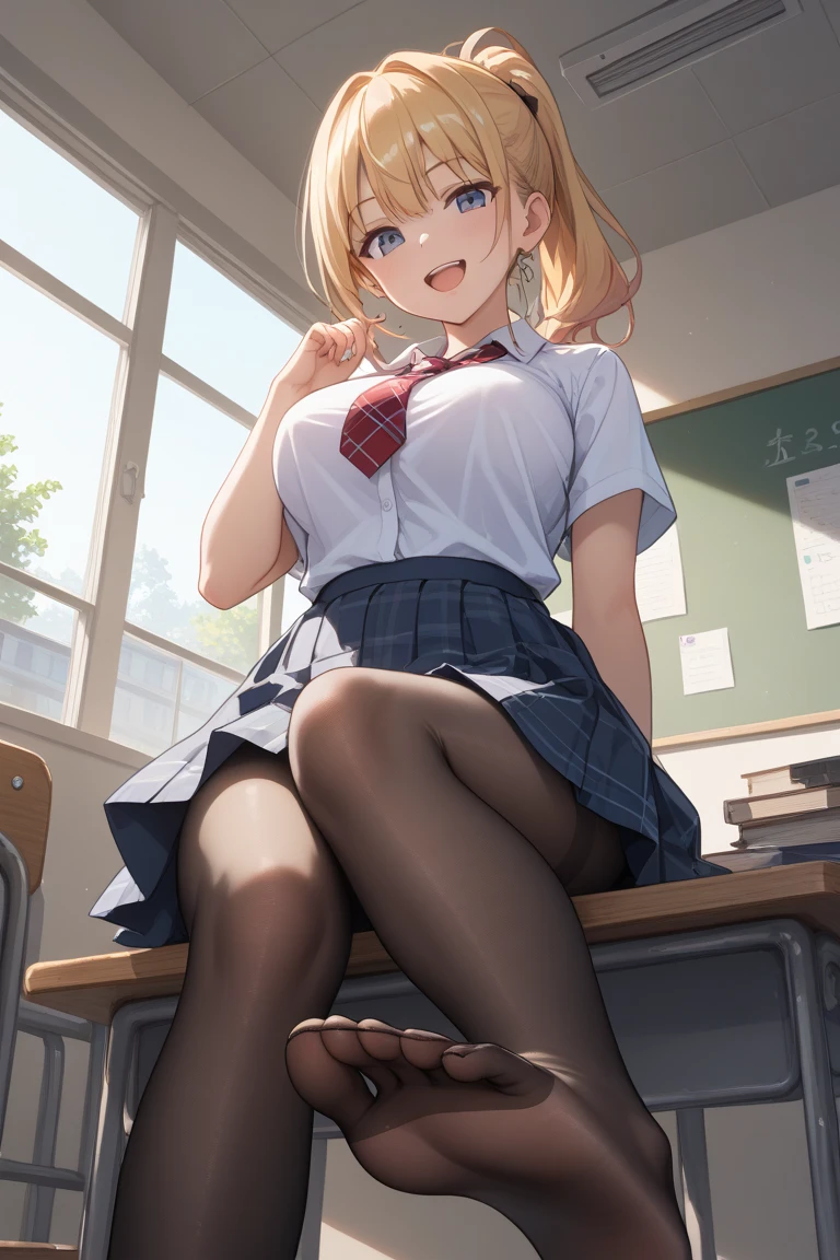 marin kitagawa, , sexy, perfect body,fullbody,white heels,black stockings, classroom,large breasts ,black skirt,white shirt,black jacket ,sitting on desk,happy, blush on face,look from below,give access to her leg, presents her leg for camera,want her leg get licked,give access to lick her leg, wants to viewer lick her leg