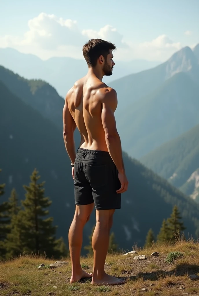 "A sigma male standing confidently on a mountain peak, natural colors highlighting his rugged features and determined expression."