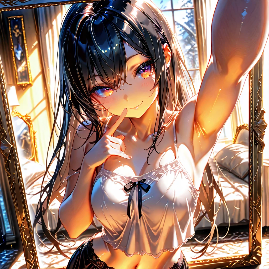 ((Biologically correct limb count))、(( Full-body photo including face))、4K、((Standing position))、masterpiece、((Focus on the face))、((Symmetrical facial features))、Eye for detailed depiction、Beautiful blue-haired woman、Excellent style、Beautiful clavicle、Beautiful feet、Beautiful Hands、Slender body、(stockings、garter belt、High heels)、Facial detailing、Small earrings、necklace、(No sleeve、Pleated skirt)、High heelsに照明を当てる、tie、sunny、(((Photo frame with white border)))、Seductive posture、((She is sitting with her buttocks thrust back and her upper body arched, looking up.))、Looking at the night view、(Low - Angle、A camera angle that captures the inside of a skirt from below)、Silk gloves、(((Black Hair、Silver Hair)))、(((Moments of ecstasy)))、((Looking back))、Close-up photo of the upper body、