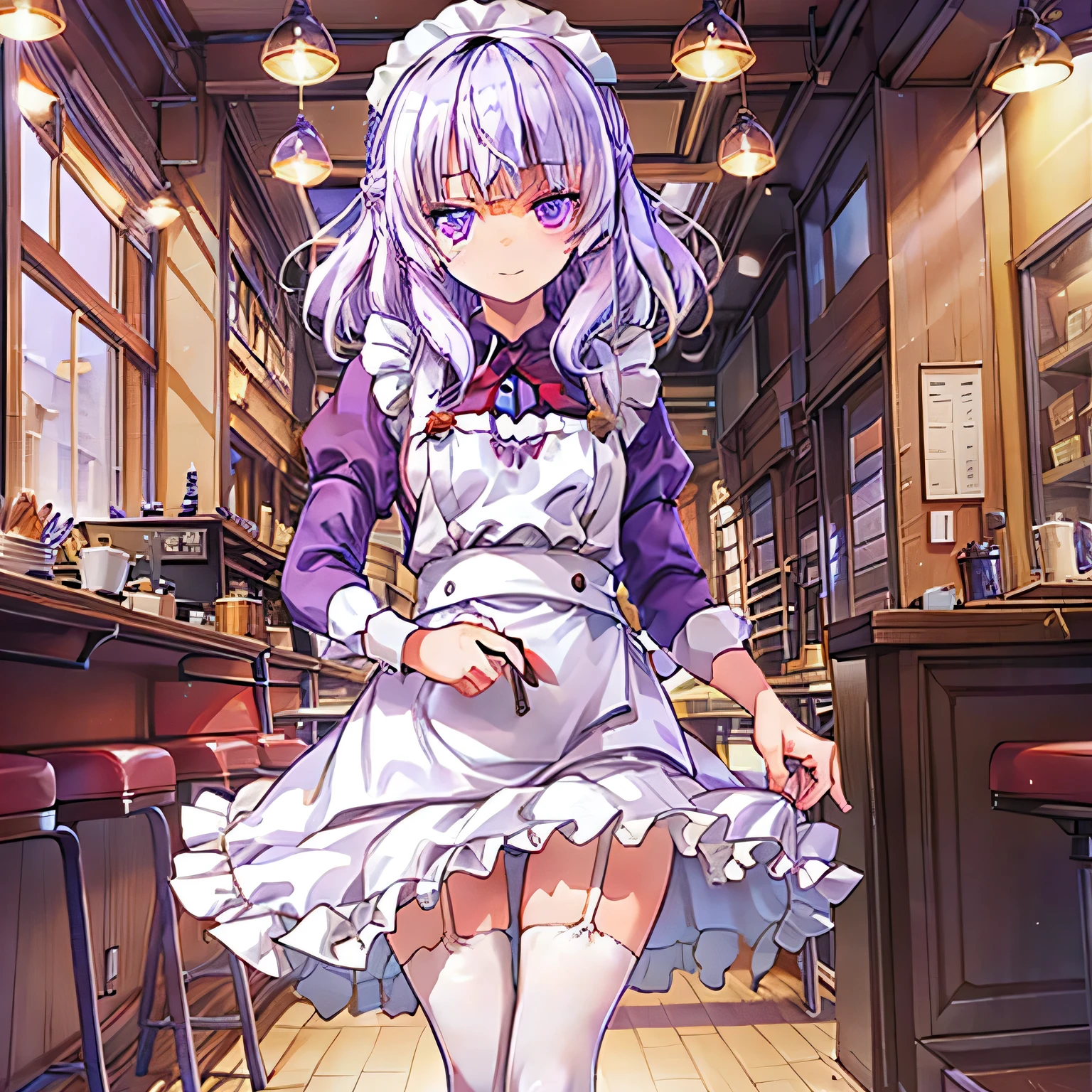 A girl is working as a waitress in a cozy cafe. She's wearing a classic maid outfit. The air feels warm and calm, and it's like you can almost smell the coffee through the picture. (Light Purple Hair, White Hair, Medium Hair), (Purple Eyes, Shining Purple Eyes: 1.3).