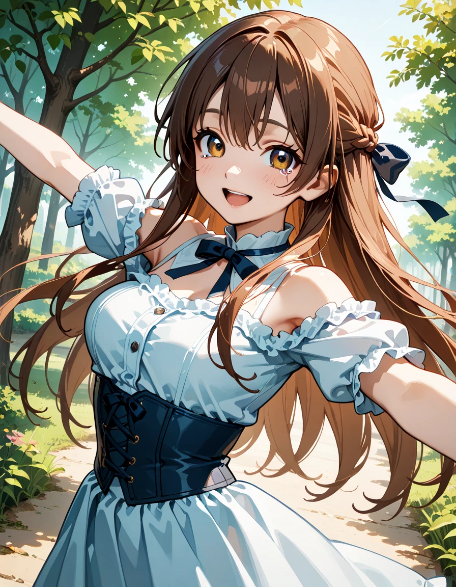 Daiwa Scarlet,Horse Girl,Brown Hair,Long twin tails,Light blue ribbon hair clip,Small silver tiara,Slanted Eyes,Dazzling Smile,C cup size breasts,Thin thighs,A blue and white dress