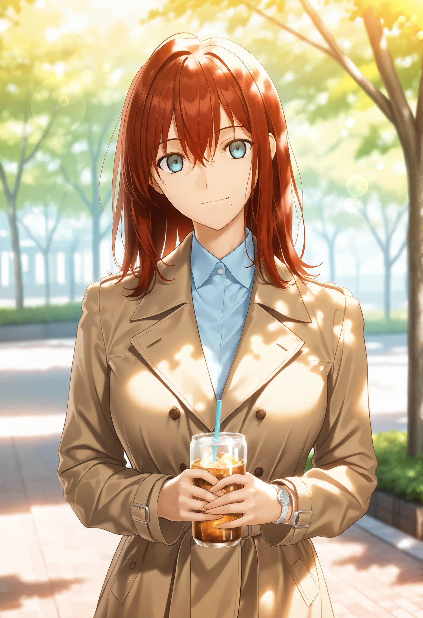 masterpiece, , absurdres, highres, detailed background, high resolution, masterpiece, necessary, detail, best quality, quality, necessary, details, High details, Precise, outdoors, (dappled sunlight), day, lens flare, blurry background, from above, solo, ,
1girl, , (type-moon,) style, koyama hirokazu style, ,, shiny skin, mole under mouth, , (head tilt), light smile, one wrist watch, holding soft drink ,
tall girl, mature, slim body, slender body, brown red hair, medium hair, light blue eyes, , ,medium breasts, hair between eyes, , ((trench coat)) , , long sleeve, denim, looking at viewer,, (aged up:1.5), ,
