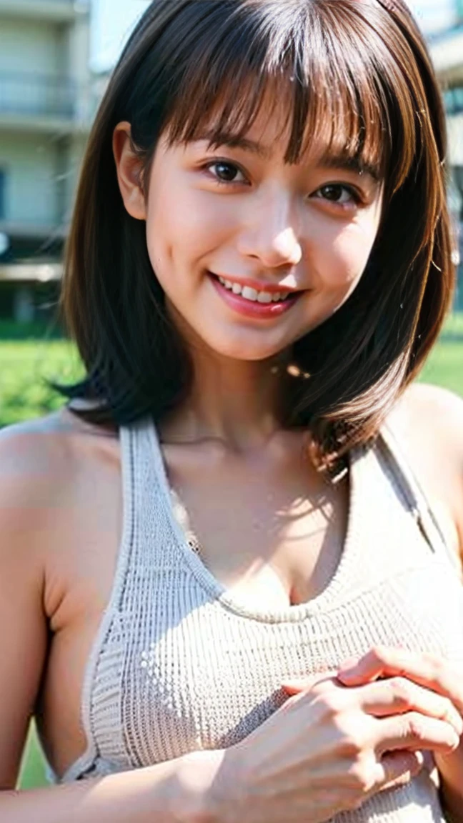 NSFW:1.2,City park in the evening、On glass、32K、Top image quality、Angle from the sky、sidelight gray fluffy sleeveless、Mini skirt made of light ocher knit material、((Sitting on the bench holding your knees)),(((Panty shot)))、Happy smile、(Bob Hair)、slightly bulging、slender physique、small tits:1.5、stature: 157cm,Somewhat short,Beautiful face、