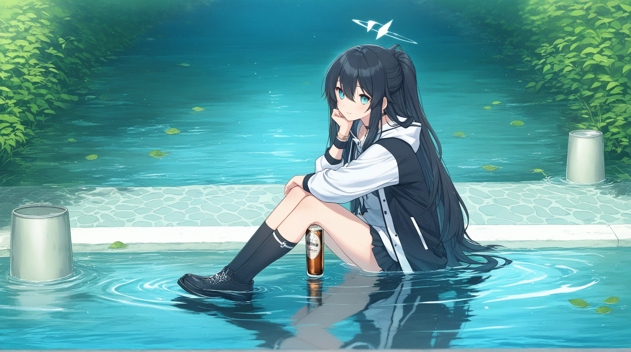 best quality, very aesthetic, Super detailed, best illustration, Dark blue one piece school swimsuit, black_hair, 公園