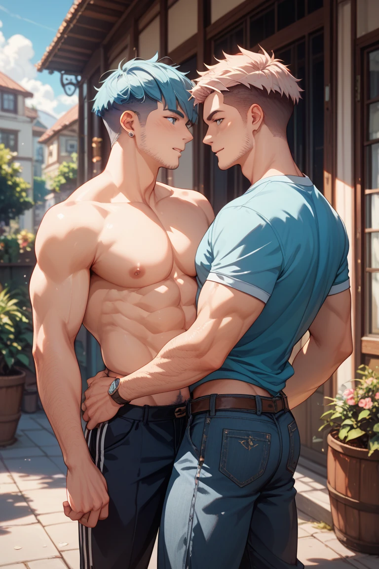 two men hugging from behind, the front man showing his armpit, shirtless, gay, nude, pink hair, high quality, high resolution, waist.