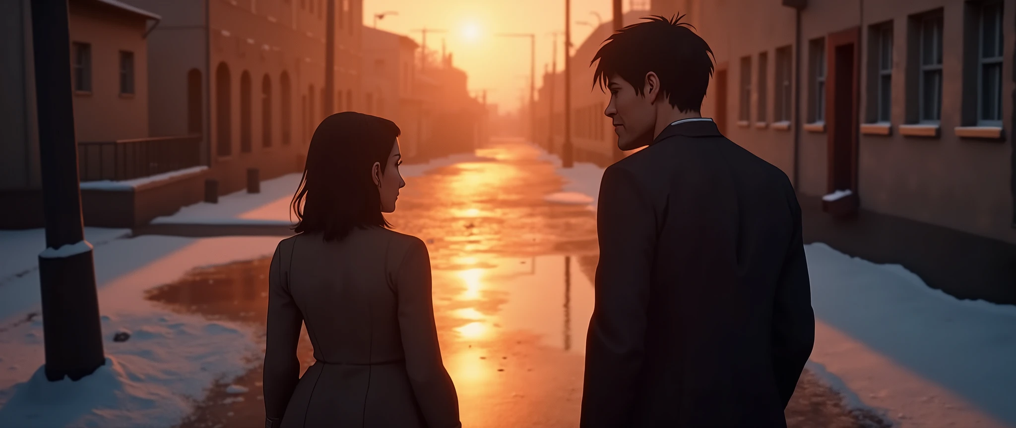 A couple stands on a cold, deserted street at dusk. The woman has her back to the man, walking away. The man stands still, looking at her with a sad, dejected face. Both have expressions of emotional pain and deep sadness. The street is empty, with soft golden light from the sunset reflecting off the buildings and the damp ground, indicating that it had recently rained. The shadows are long, and the atmosphere is melancholy. The scene clearly conveys the end of a relationship, with a sense of quiet and simple goodbye., complex clothing textures, warm lighting, photorealistic, cinematic composition, vibrant colors, depth of field (best quality, 8k, high resolution, masterpiece: 1.2), ultra detailed (realistic, photorealistic, photorealistic: 1.37), cinematic lighting, dramatic shadows, romantic scene.