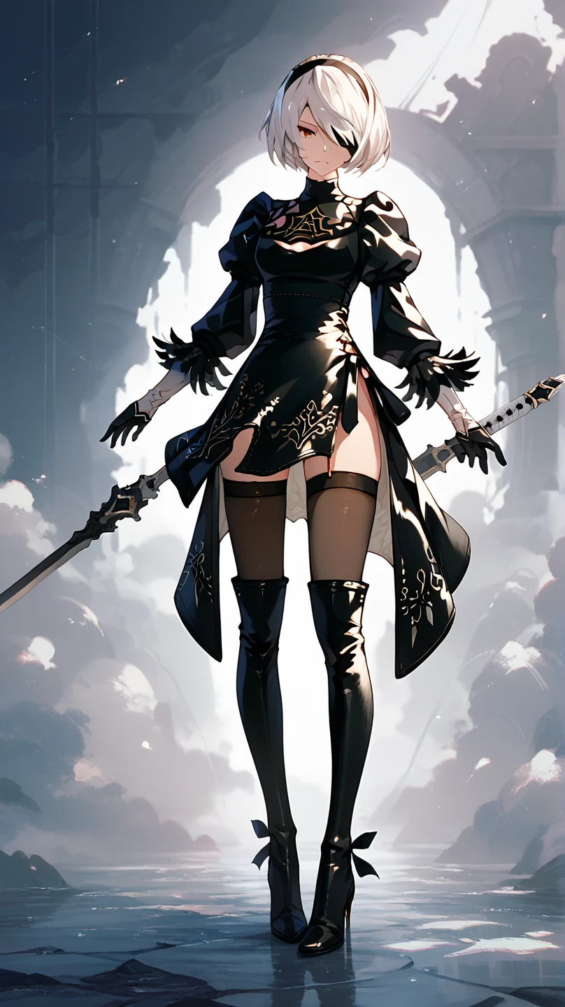 ((best quality)), ((highly detailed)), masterpiece, ((official art)), (detailed eyes, deep eyes), (1girl:1.33, solo), <lora:2b_V1:1>, yorha no. 2 type b, (black blindfold, blindfold), black skirt, cleavage cutout, white leotard, headband, black top, wide hips, high heel thigh boots, thick thighs, short hair