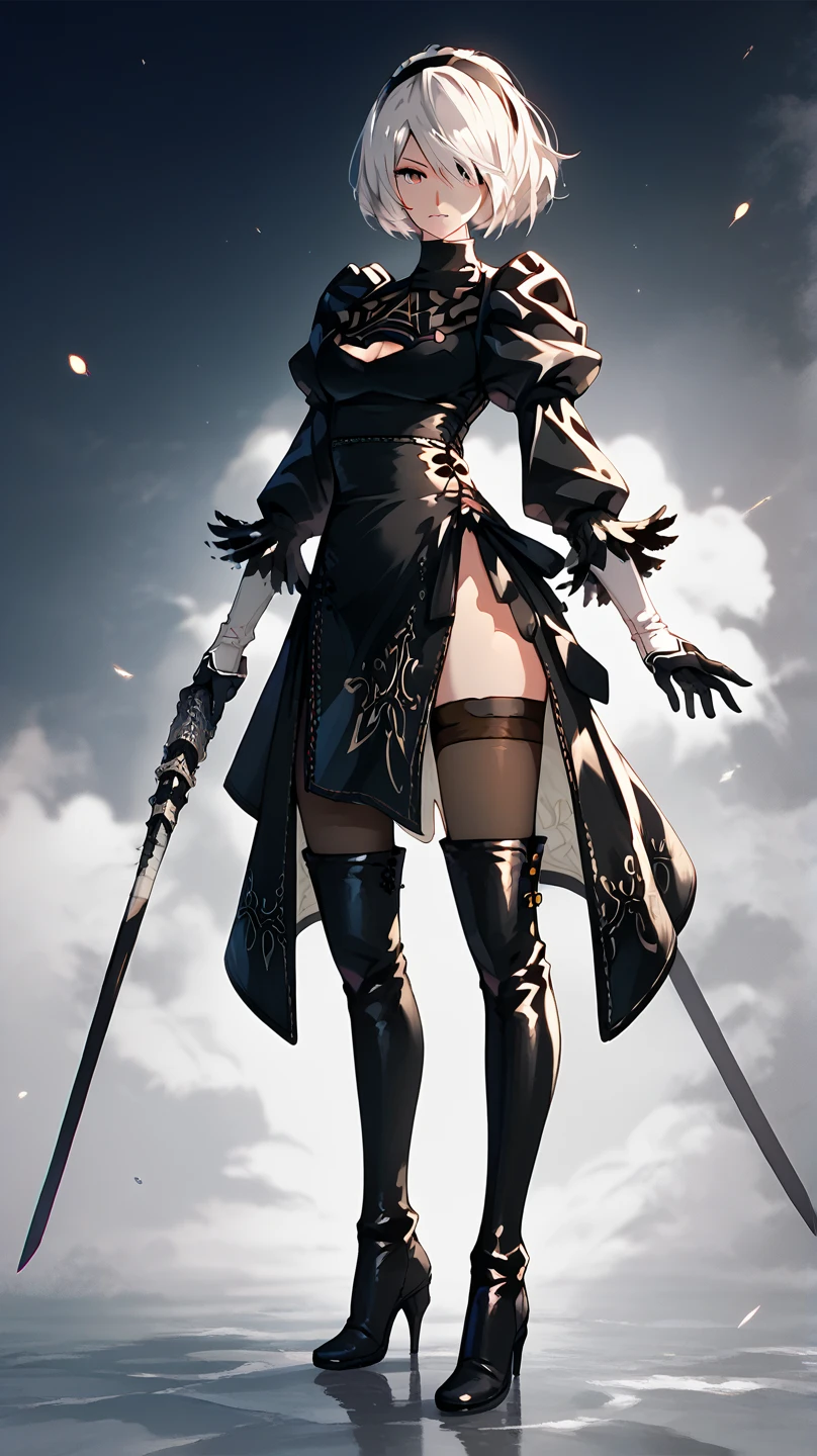 ((one-eyed blindfold)), holy paladin, scythe, dark Heavy armor, absurdres, RAW photo, extremely delicate and beautiful, masterpiece, Best Quality, ultra high resolution, 32k, hyperrealistic, ultra-detailed, detailed description, pale skin, 20 years old, tearful mole, earring, Colossal tits, short medium hair, wavy hair, evil grin, full body shot,