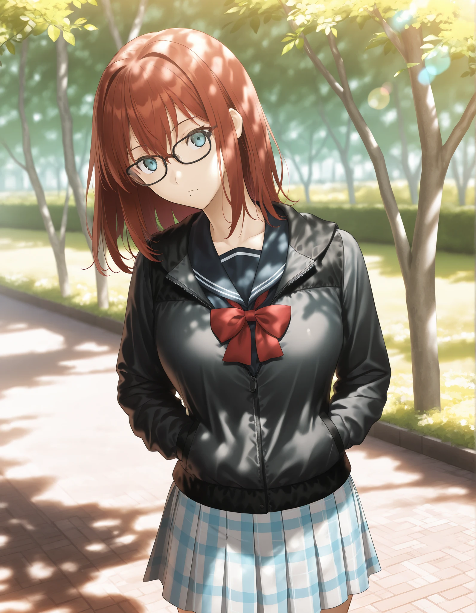 masterpiece, , absurdres, highres, detailed background, high resolution, masterpiece, necessary, detail, best quality, quality, necessary, details, High details, Precise, outdoors, (dappled sunlight), day, lens flare, blurry background, (from above), solo, ,
1girl, , (type-moon,) style, koyama hirokazu style, ,, shiny skin, mole under mouth, thinking, (head tilt),
tall girl, mature, slim body, slender body, brown red hair, medium hair, light blue eyes, black frame glasses, , hair between eyes, dark blue sailor, ((black down jacket, in blue seifuku)), , pleated skirt, dark blue skirt, red bow , plaid skirt , cowboy shot , ,,, looking at viewer,, medium breasts, (aged up:1.5), ,