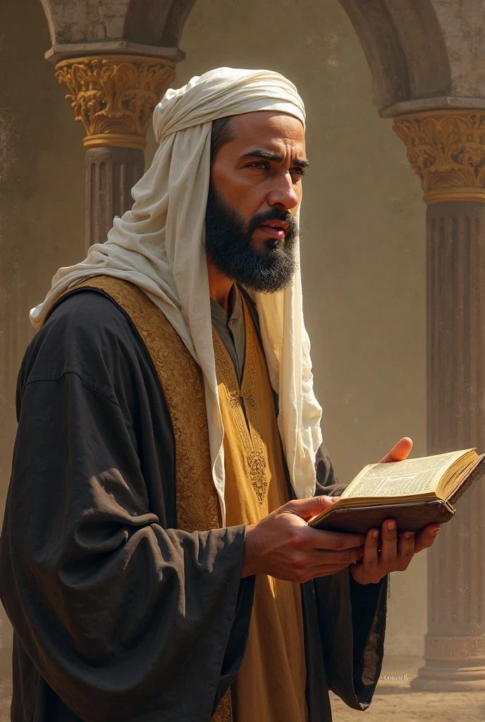 In Islamic antiquity. A Muslim warrior wearing white war clothes. He holds in his hands a paper from the Islamic times and looks at it. He stands inside the palace of the Islamic Caliphate. He has a beard and wears a turban.