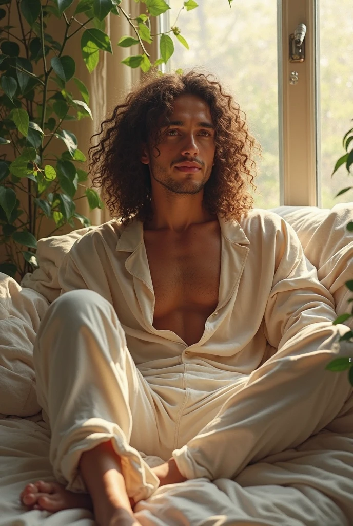 beautiful man gay naked muscle , sitting on bed, wearing loose off-shoulder top, pajama pants, long curly hair, indoors, soft lighting, plants in background, window with sunlight, cozy room, relaxed pose, realistic, intricate details, warm colors, by Greg Rutkowski, by Alphonse Mucha