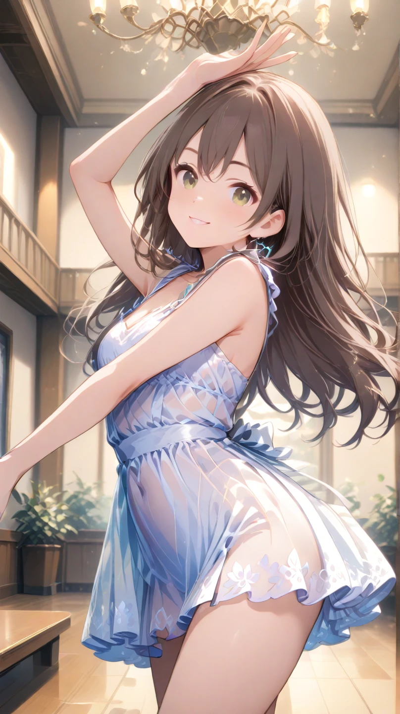 (from below:1.2),(from side:0.9), (Close-Up:0.6), highest quality、(real、photorealistic:1.4)、(RAW photo:1.2)(Curve,Model,glamor:1.5),Beautiful breasts,colour_aberration,beautiful detailed shadow,Beautiful eyes,Beautiful body,Beautiful skin,beautifull hands,(medium_breasts:1.5),1 girl in, (perky chest:1.2), (pointed chest:1.2), dark bronde hair,long hair,side ponytail,hair between eyes,bangs,Purplish brown eyes that dreamers desire, (Blonde hair) , small stature, Colossal tits, Lori, (masutepiece:1.2, Best Quality), (finely detailed beautiful eye: 1.2), (beautifull detailed face), (Best Illumination, extremely delicate and beautiful), ((Cinematic Light)), Dramatic light,Ultra Contrast、Braid a little around the ears, clavicle, red long dress、only has 5 fingers,Her pussy is visible through the see-through white thong、Wet pants、You can see inside your underwear、full of sweat、mocking look、diaper、nffsw,Arms crossed、grab the arm、Shoot from below、The angle is as seen from below.、Best Quality、Large breastuscular pussy:1.2、Pubic hair,high-level image quality、hightquality、8K,perfect hand、5 fingers、finger pin、Perfect Finger、see-through T back、Naked、noise cut、bullet hand、Her hair color should have been a brighter brown,The skirt part is also carefully expressed,brown skirt、the skirt is floating in the wind:1.3、see-through purple panties、Pubic hair majority,(with sparkling eyes and a contagious smile),her thin pubic hair:1.2, looking at viewer