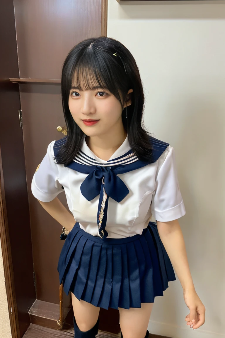 ((Sailor Uniform Student))、(full body, long shot), (She looks straight ahead:1.2), (bowlcut hair,black hair,blunt bang), ((large breast)), erotic, (dark prison interior:1.4, minimal lighting),  hyper detailed, photorealistic, dramatic lighting, cinematic composition, dark gritty atmosphere, muted color palette, extreme detail, sharp focus, masterpiece, award winning, 8k, high quality,(Spread legs, Sex, Browsing Caution),((smile))