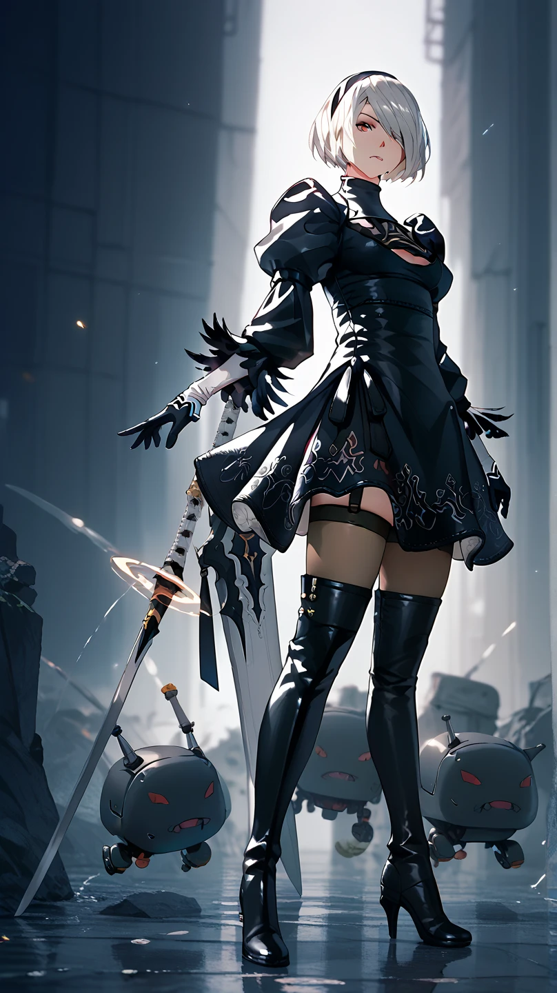 ((one-eyed blindfold)), holy paladin, scythe, dark Heavy armor, absurdres, RAW photo, extremely delicate and beautiful, masterpiece, Best Quality, ultra high resolution, 32k, hyperrealistic, ultra-detailed, detailed description, pale skin, 20 years old, tearful mole, earring, Colossal tits, short medium hair, wavy hair, evil grin, full body shot,