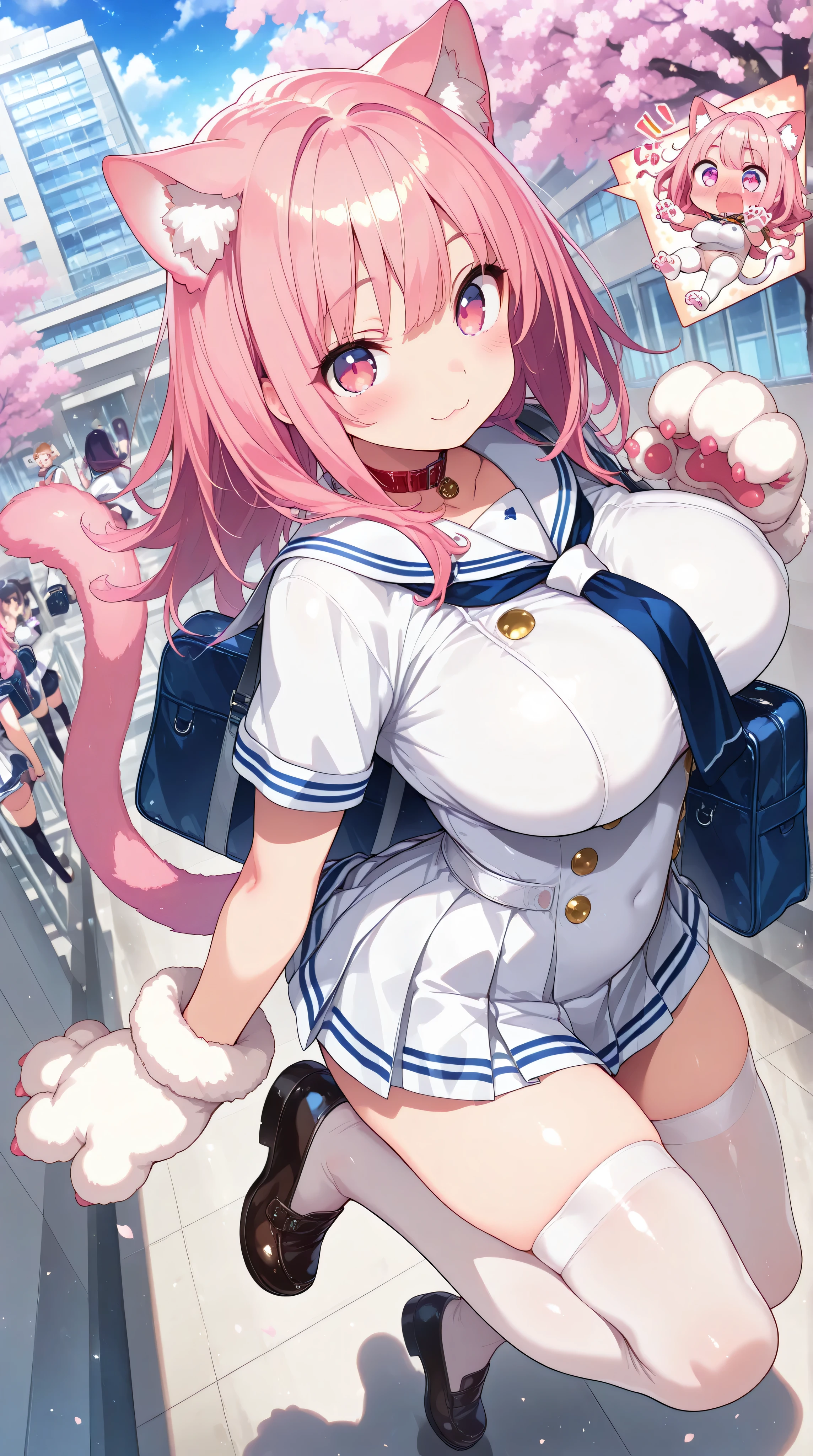 score_9, score_8_up, (((masterpiece)))、(((best quality)))、(((high definition)))、(((4K quality)))、(((8K quality)))、(((Farley:1.3)))、Beautiful Girl、cute、high school girl、(((Cat Person)))、((( Fluffy Tail )))、(((Cute paws)))、(((pink hair)))、long hair、(((embarrassed smile)))、long lashes、(((Beautiful pink eyes)))、Staring、Glossy Pink Lips、(((Big Breasts)))、Slim and Tight Body、(((white short sleeve sailor suit)))、Belly-baring look、(((Large rolled :1.5)))、(((micro pleated miniskirt:1.3)))、(((white over the knee stockings)))、(((dynamic pose:1.4)))、(((Carrying a school bag)))、(((School building)))、(((Cherry blossom trees)))、((( dynamic angle from below :1.5)))、Multi view, focus line, comic expression, sound effect, 1girl, solo focus, (full body:1.3), (cowboy shot)